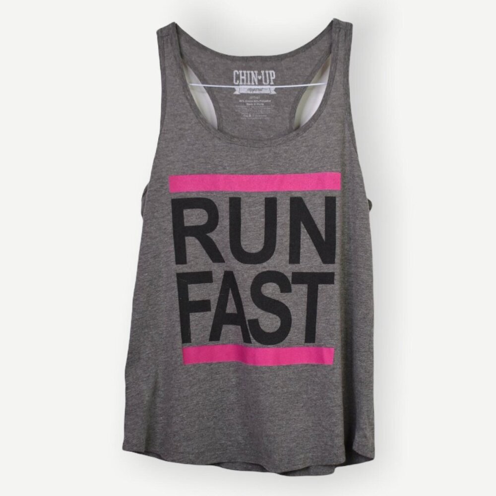 Chin-Up Apparel Tank Top S Womens Grey Black Pink Run Fast Graphic Racerback